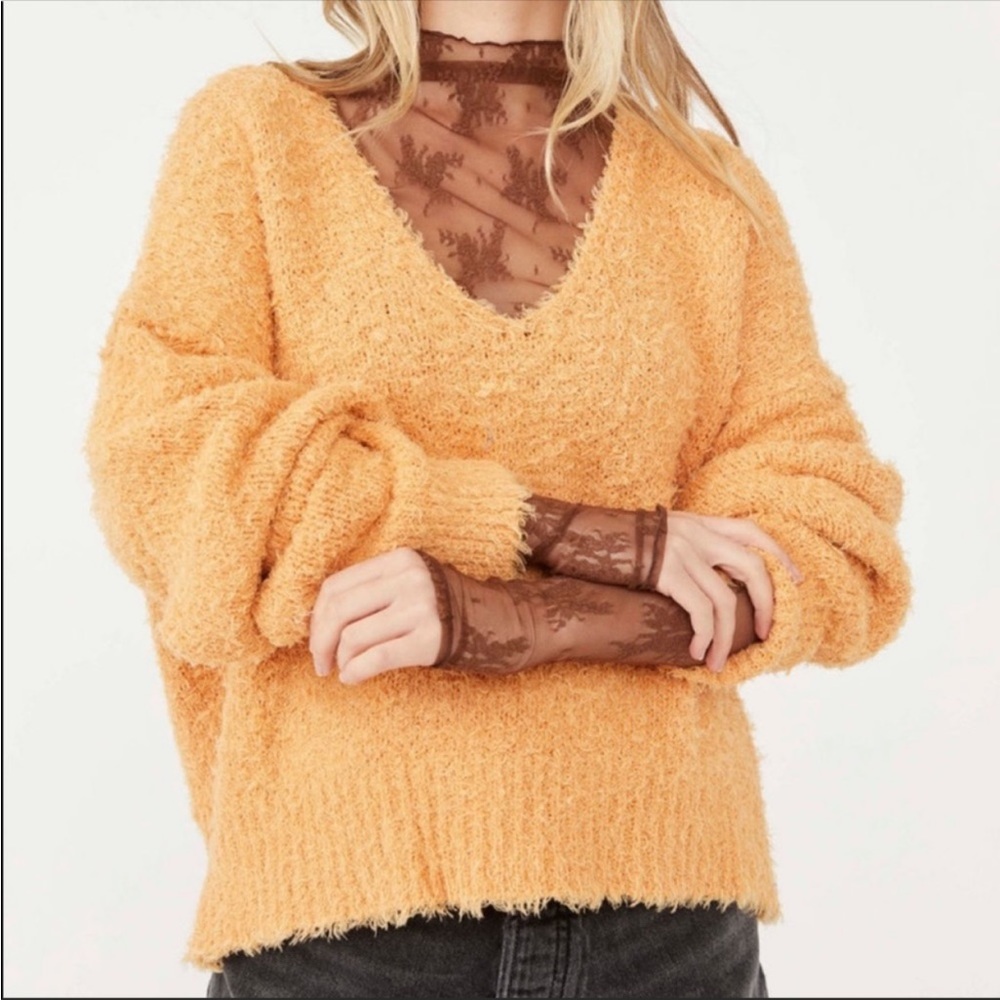 Free People Theo Fuzzy Orange V Neck Oversized Sweater Size XS